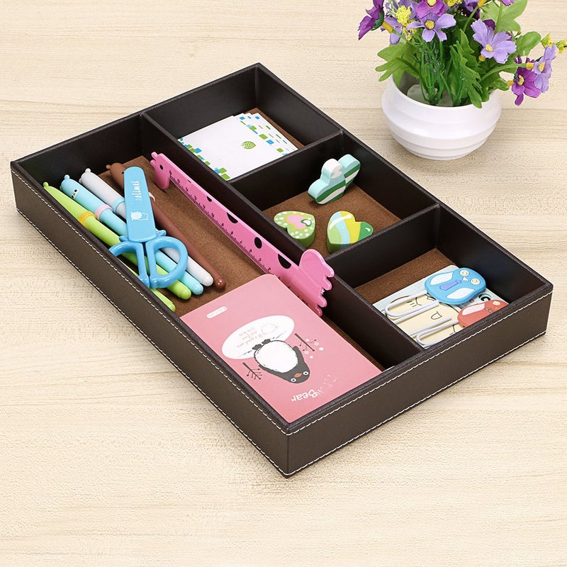 BTSKY 4 slots Desk Drawer Organizer, PU Leather Drawer Storage Organizer Divider for Office Desk Supplies Value Collection and Accessories Multi-Purpose Storage Desktop Organizer Tray(Brown) - Image 3